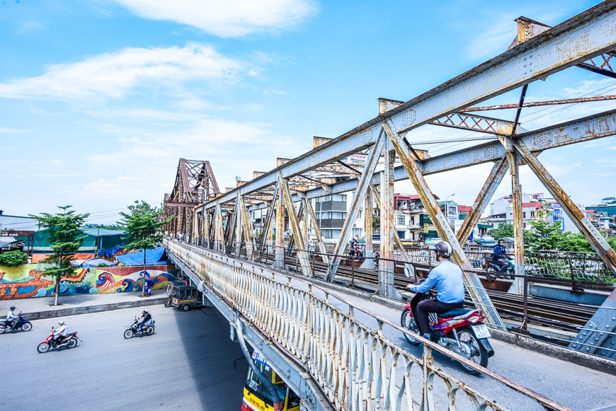 Crossing Long Bien Bridge in Hanoi.