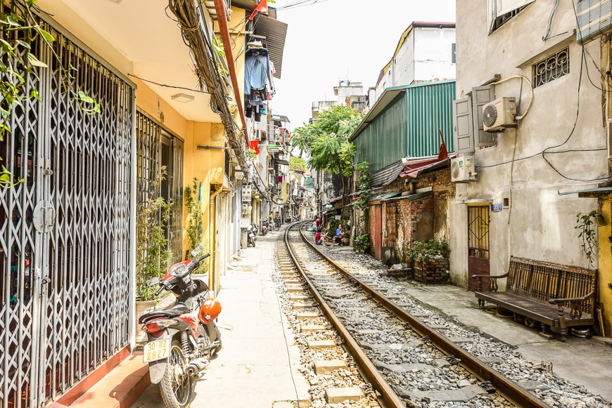 Life along the train tracks in Hanoi.